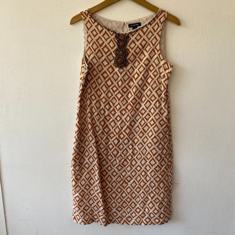 Lands End Linen Dress Womens Size 4 Beaded Sleeveless Sheath Dress Pockets